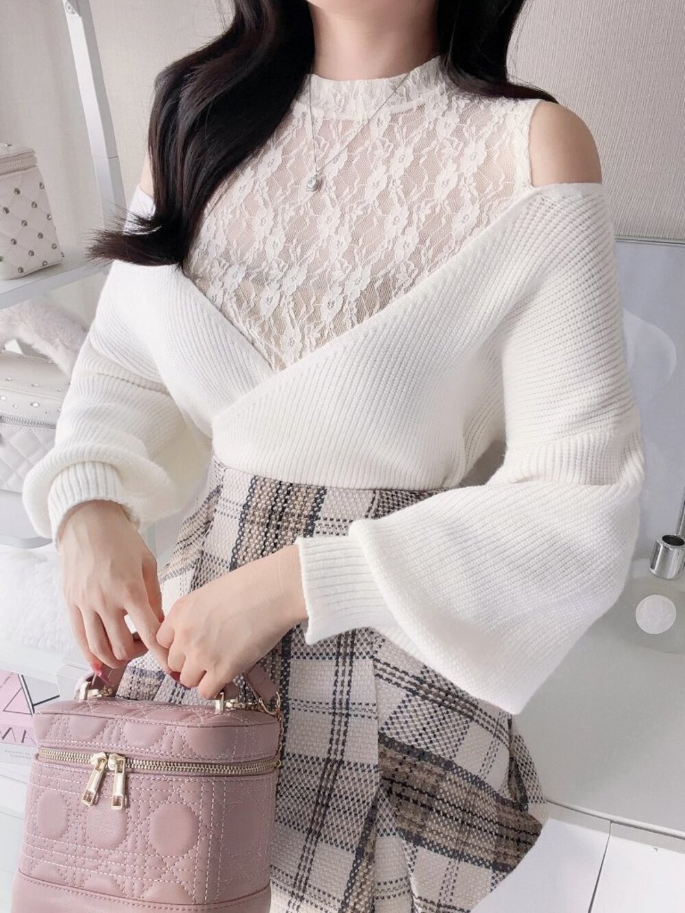 Apricot Casual Women's Elegant Romantic Lace Patchwork Cold Shoulder Pullover - Picture 3 of 8